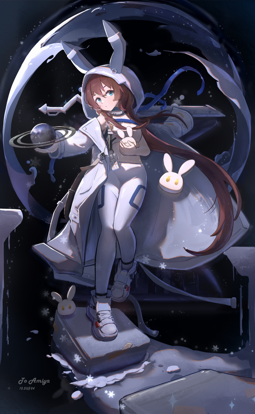 1girl absurdres amiya_(arknights) amiya_(guard)_(arknights) amiya_(guard)_(touch_the_stars)_(arknights) animal_ears arknights blue_eyes brown_hair character_name chinese_commentary closed_mouth coat commentary_request dated expressionless full_body grey_coat grey_footwear grey_leggings grey_sports_bra groin hair_between_eyes highres holding hood hood_up hooded_coat leggings long_hair long_sleeves looking_at_viewer midriff official_alternate_costume open_clothes open_coat rabbit_ears rabbit_girl shoes sneakers snow snowflakes snowing solo sports_bra standing very_long_hair w020309449