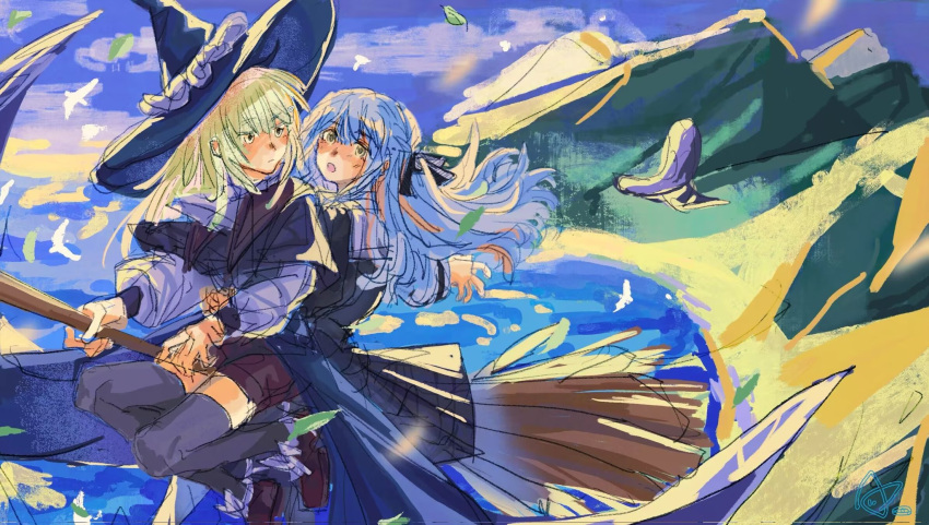 2girls bang_dream! bang_dream!_it's_mygo!!!!! black_dress black_hat black_ribbon black_thighhighs blue_hair blue_sky blush broom broom_riding closed_mouth commentary day dress falling_leaves floating_hair green_hair hair_ribbon hashtag-only_commentary hat highres hug hug_from_behind kita_no_shinya large_hat leaf long_hair midair mountain multiple_girls ocean open_mouth outdoors red_shorts ribbon shorts sky thighhighs togawa_sakiko wakaba_mutsumi witch_hat yellow_eyes