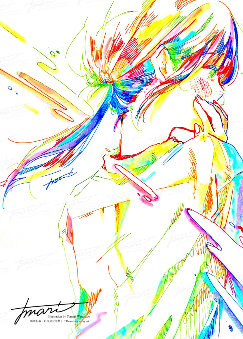 1girl blue_hair blush collared_shirt colorful from_behind green_eyes green_hair hand_on_own_cheek hand_on_own_face highres long_bangs long_hair looking_to_the_side low_ponytail multicolored_hair nape original red_hair shirt signature simple_background solo traditional_media upper_body watanabe_tomari watermark white_background white_shirt