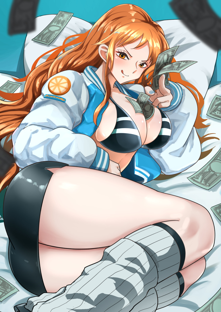 1girl absurdres alternate_costume bed_sheet bikini bikini_top_only black_bikini black_skirt blue_nails blush breasts cleavage commentary_request commission falling_money feet_out_of_frame food fruit highres holding holding_money jacket kneehighs large_breasts long_hair long_sleeves looking_at_viewer loose_socks lying mandarin_orange mandarin_orange_slice miniskirt money nail_polish nami_(one_piece) on_side one_piece open_clothes open_jacket orange_eyes orange_hair pencil_skirt pillow ribbed_socks skeb_commission skirt socks solo swimsuit thighs tongue tongue_out wavy_hair white_socks yamada_otonari