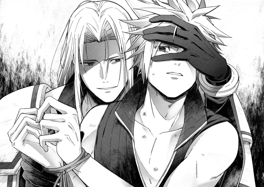 2boys armor bdsm bondage bound bound_wrists bracer cloud_strife final_fantasy final_fantasy_vii final_fantasy_vii_advent_children gloves greyscale grin hand_on_another's_face hickey high_collar highres holding_another's_wrist imminent_rape long_bangs long_hair looking_at_another male_focus monochrome multiple_boys open_clothes open_vest parted_bangs parted_lips pauldrons screentones sephiroth shoulder_armor smile spiked_hair sweatdrop upper_body vest yaoi yunyunonigiri