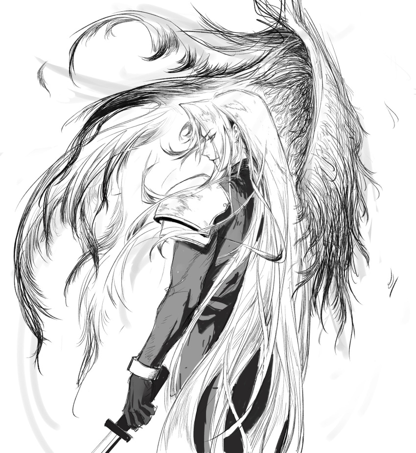 1boy armor bracer chinese_commentary coat feathered_wings final_fantasy final_fantasy_vii gloves greyscale hhhhivv125873 high_collar highres holding holding_sword holding_weapon katana long_bangs long_hair looking_down looking_to_the_side male_focus monochrome pauldrons sephiroth serious shoulder_armor single_wing sketch solo sword upper_body very_long_hair weapon white_background wind wings