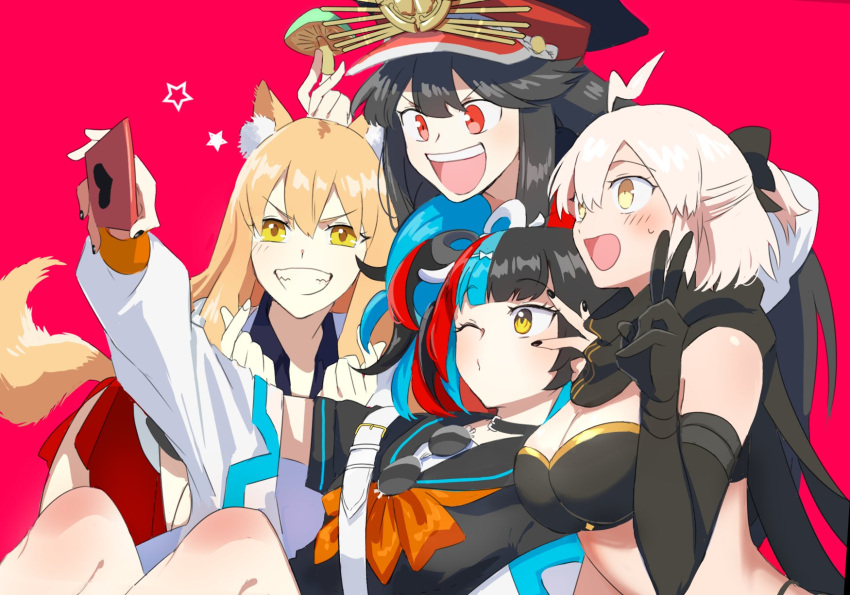 4girls ahoge animal_ears bikini black_bikini black_bow black_hair black_nails black_sailor_collar black_scarf black_shirt blonde_hair blue_hair bow breasts cellphone double_finger_heart elbow_gloves fate/grand_order fate_(series) finger_heart fox_ears fox_girl fox_tail gloves grin hair_bow hat highres holding holding_mushroom holding_phone long_hair medium_breasts multicolored_hair multiple_girls mushroom neckerchief oda_nobunaga_(fate) oda_nobunaga_(koha-ace) oda_uri okita_j._souji_(fate) okita_j._souji_(first_ascension)_(fate) okita_souji_(fate) one_eye_closed orange_hair orange_neckerchief peaked_cap phone pirohi_(pirohi214) ponytail red_background red_eyes red_hair sailor_collar scarf school_uniform sei_shounagon_(fate) selfie shirt short_sleeves simple_background smartphone smile suzuka_gozen_(fate) swimsuit tail teeth twintails upper_teeth_only v yellow_eyes