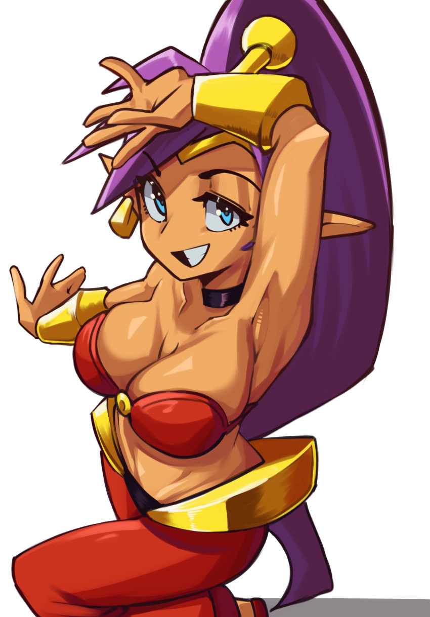 absurdres arabian_clothes belly_dancing big_hair blue_eyes bracer breasts dancer dark-skinned_female dark_skin earrings genie harem_pants highres hoop_earrings jewelry long_hair medium_breasts moxydraws pants pointy_ears purple_hair shantae shantae_(series) smile teeth