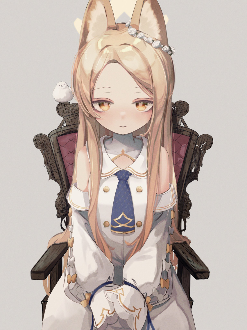 1girl animal_ears bird blonde_hair blue_archive blush detached_sleeves dress fox_ears halo highres imoni5594 light_smile long_hair looking_at_viewer seia_(blue_archive) sidelocks sitting sleeves_past_fingers sleeves_past_wrists solo very_long_hair white_dress