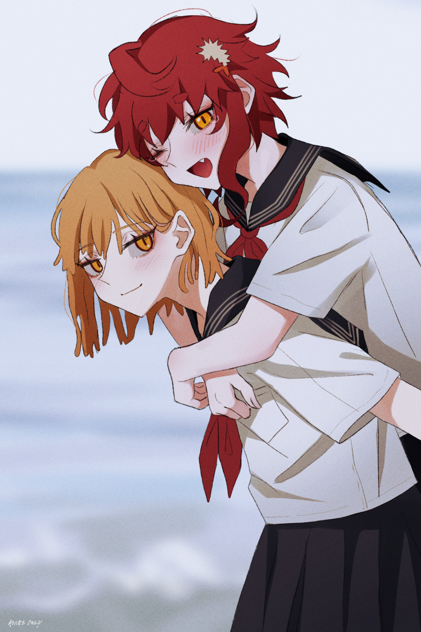 2girls ;d anies_kouhai black_sailor_collar black_skirt blurry blush carrying depth_of_field fang hair_ornament highres hug hug_from_behind multiple_girls neckerchief ocean one_eye_closed orange_eyes orange_hair original outdoors piggyback red_hair red_neckerchief sailor_collar school_uniform shirt short_hair short_sleeves skirt smile water white_shirt