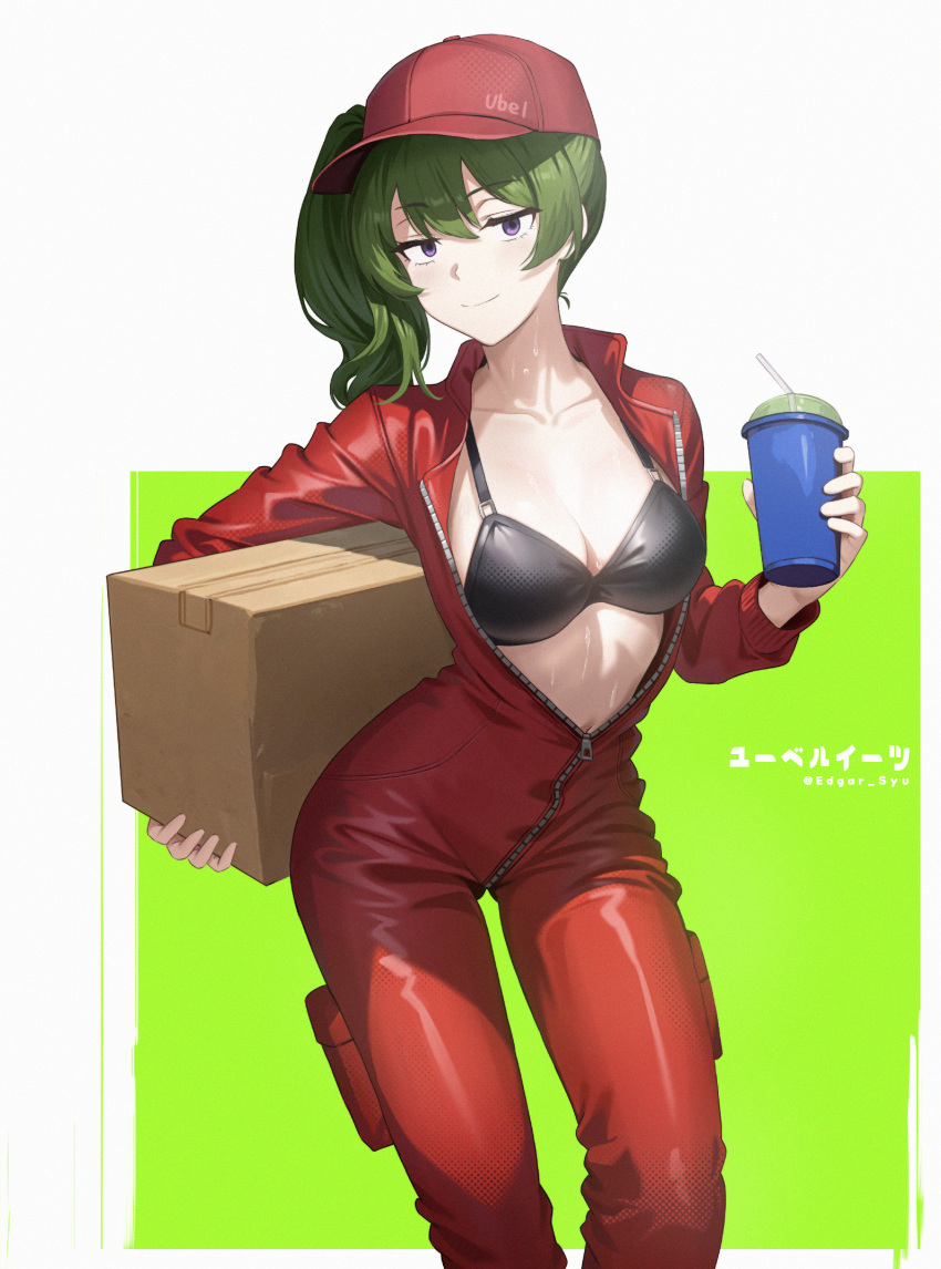 1girl absurdres alternate_costume black_bra border box bra breasts character_name cleavage clothes_writing collarbone contrapposto drink edgar_syu green_background green_hair hair_between_eyes hat highres holding holding_box holding_drink jumpsuit long_hair looking_at_viewer medium_breasts navel partially_unzipped purple_eyes red_hat red_jumpsuit side_ponytail smile solo sousou_no_frieren sweat twitter_username ubel_(sousou_no_frieren) underwear white_border zipper