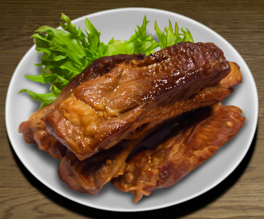 food food_focus hokkaido_(artist) lettuce meat no_humans original plate still_life table wooden_table