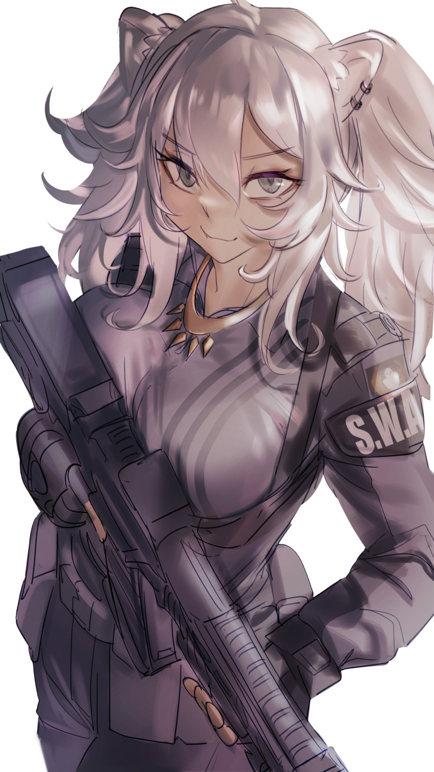 1girl absurdres adapted_costume ahoge alternate_costume animal_ears aragiken assault_rifle belt_pouch breasts cleavage grey_eyes grey_hair gun hair_between_eyes highres hololive large_breasts lion_ears lion_girl lion_tail long_hair looking_at_viewer police police_uniform pouch rifle see-through see-through_cleavage shishiro_botan shishiro_botan_(1st_costume) sketch smile solo swat tail uniform vertical-striped_sports_bra virtual_youtuber weapon