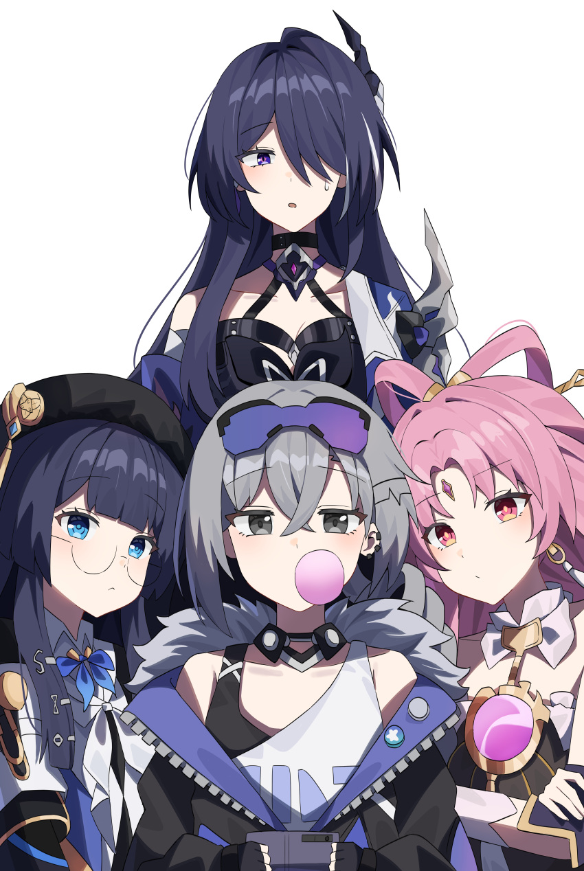 4girls absurdres acheron_(honkai:_star_rail) armor bandaged_arm bandages bare_shoulders black_choker black_gloves black_hat black_jacket blowing_bubbles blue_eyes bow breasts cellphone chewing_gum choker closed_mouth coat collar commentary_request criss-cross_halter crossed_arms detached_collar earrings fingerless_gloves fu_xuan_(honkai:_star_rail) fur-trimmed_jacket fur_trim glasses gloves grey_hair hair_between_eyes hair_bow hair_ornament hair_over_one_eye halterneck hat highres holding holding_phone honkai:_star_rail honkai_(series) jacket jewelry katr5878 korean_commentary large_breasts light_blush long_hair looking_at_viewer looking_to_the_side medium_breasts medium_hair multicolored_hair multiple_girls open_clothes open_jacket open_mouth pela_(honkai:_star_rail) phone pink_hair purple_eyes purple_hair red_eyes shirt shoulder_armor silver_wolf_(honkai:_star_rail) simple_background single_bare_shoulder small_breasts smartphone streaked_hair sweatdrop unworn_eyewear very_long_hair white_background white_coat white_collar white_gloves white_jacket white_shirt