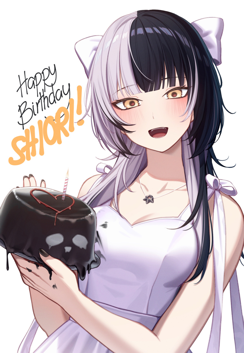 1girl absurdres birthday_cake black_hair bow breasts cake candle dress erezu food grey_hair hair_bow happy_birthday highres hololive hololive_english looking_at_viewer medium_breasts medium_hair multicolored_hair shiori_novella smile solo split-color_hair teeth two-tone_hair upper_teeth_only virtual_youtuber yellow_eyes yorick_(shiori_novella)