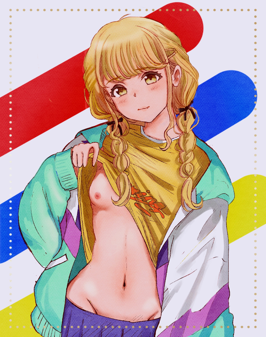 1girl blonde_hair blue_skirt blush braid breasts clothes_lift fang fang_out fellaciano-san fujita_kotone gakuen_idolmaster groin hair_ribbon head_tilt highres idolmaster jacket lifted_by_self long_hair looking_at_viewer multicolored_clothes multicolored_jacket navel nipples no_bra one_breast_out open_clothes open_jacket pleated_skirt ribbon shirt shirt_lift skirt small_breasts solo stomach twin_braids yellow_shirt