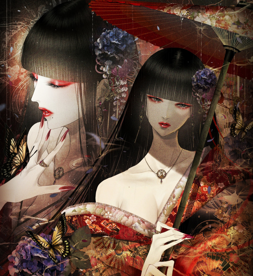 1girl absurdres breasts bug butterfly cleavage collarbone earrings flower highres japanese_clothes jewelry kimono lipstick long_hair looking_at_viewer makeup multiple_views oil-paper_umbrella open_clothes open_kimono original pale_skin ring satsuki_kei umbrella