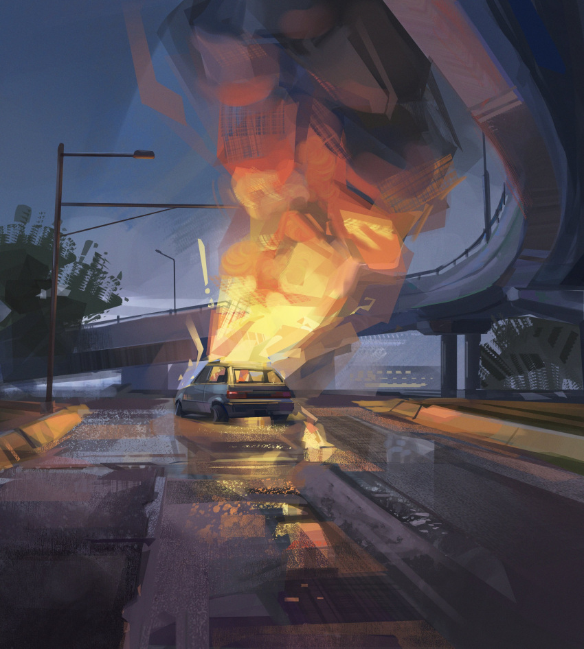 ! absurdres brush_stroke burning car city film_grain fire glowing highres lamppost motor_vehicle no_humans original outdoors overpass road robin_garrett scenery sidewalk smoke street