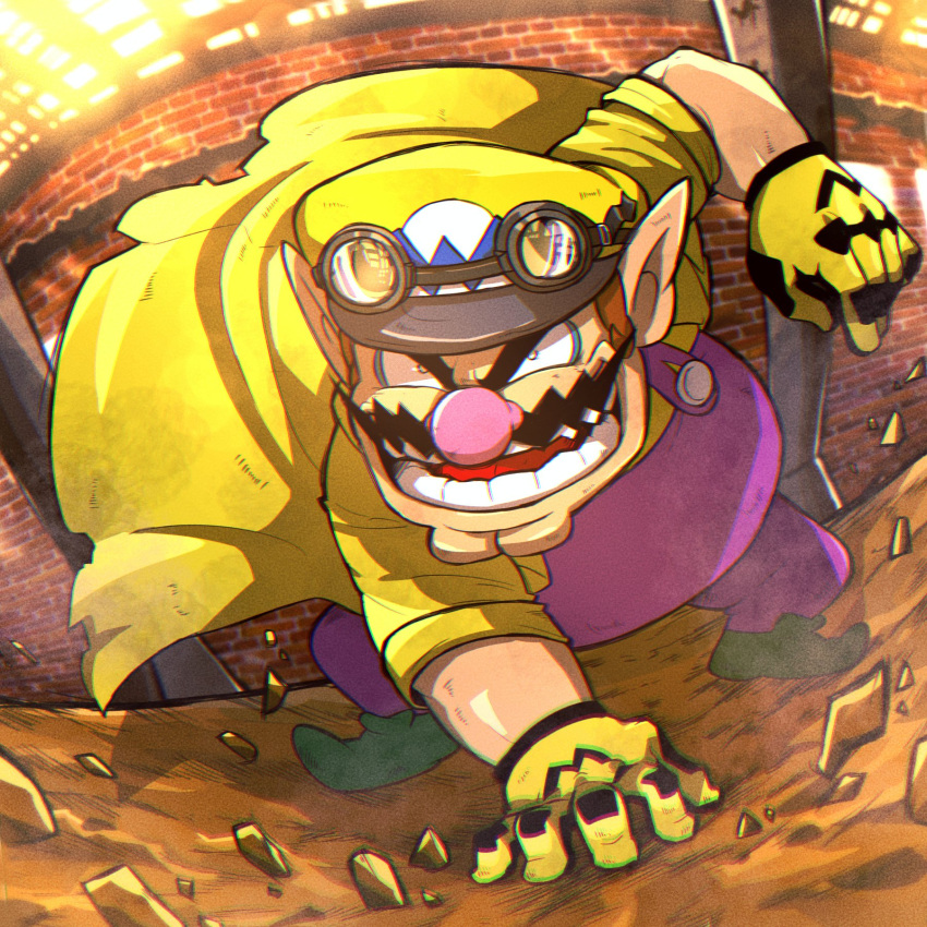 1boy brick_wall cleft_chin coat facial_hair gloves goggles goggles_on_headwear green_footwear grin hat highres mario_(series) mustache overalls pointy_ears purple_overalls shirt smile thick_eyebrows two-tone_gloves wario yellow_coat yellow_gloves yellow_hat yellow_shirt zikurorobenzen