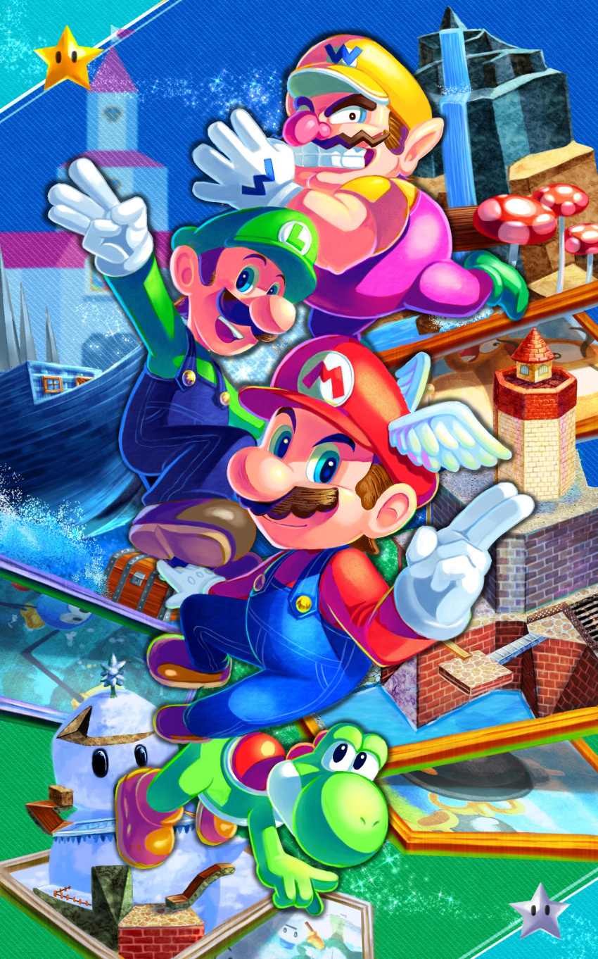 3boys absurdres blue_overalls brown_footwear castle colored_skin gloves green_footwear green_hat green_shirt green_skin grin hat highres looking_at_viewer luigi mario mario_(series) multicolored_skin multiple_boys open_mouth overalls purple_overalls red_hat red_shirt ship shirt smile super_mario_64_ds super_star_(mario) treasure_chest two-tone_skin wario watercraft white_gloves wing_cap yellow_hat yellow_shirt yoshi yuuma_rimi