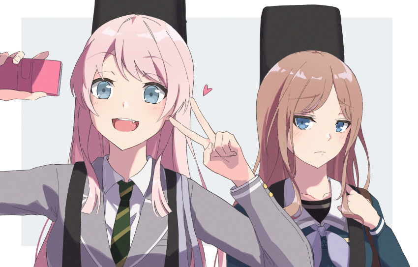 2girls bang_dream! bang_dream!_it's_mygo!!!!! blazer blue_eyes blue_shirt blush border brown_hair chihaya_anon closed_mouth collarbone collared_shirt commentary diagonal-striped_clothes diagonal-striped_necktie fang green_necktie grey_background grey_eyes grey_jacket grey_neckerchief haneoka_school_uniform heart highres instrument_case instrument_on_back jacket lavirince long_hair long_sleeves multiple_girls nagasaki_soyo neckerchief necktie open_mouth outside_border pink_hair sailor_collar school_uniform selfie serafuku shirt sidelocks striped_clothes teeth tsukinomori_school_uniform upper_body upper_teeth_only v white_border white_sailor_collar