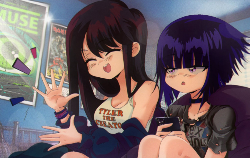 2girls bad_id bad_twitter_id black_choker black_hair black_jacket black_shirt blue_eyes blush breasts choker cleavage grs- hailey_(grs-) highres holding holding_phone indoors jacket lens_flare long_hair long_sleeves multiple_girls muse_(band) off_shoulder open_mouth original phone poster_(object) print_shirt purple_eyes sex_pistols shirt short_hair short_sleeves sitting smile talia_(grs-) tank_top tyler_the_creator upper_body white_tank_top
