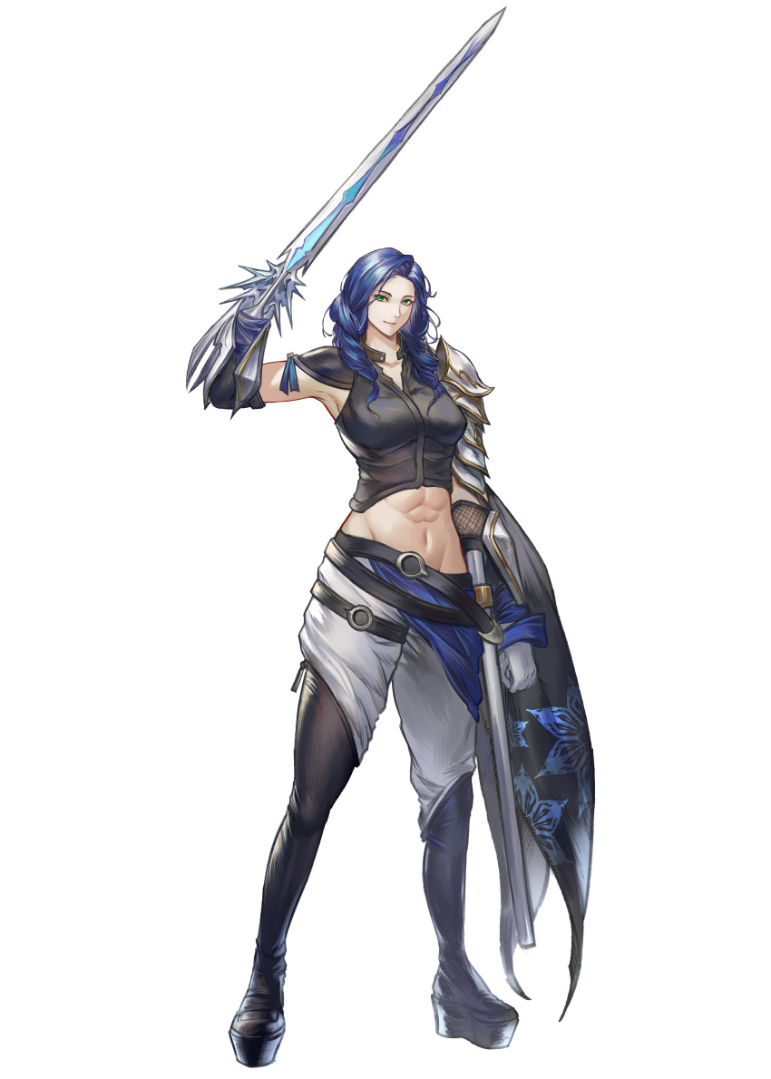 1girl absurdres armor belt blue_hair breasts commission dungeons_&amp;_dragons green_eyes highres holding holding_sword holding_weapon large_breasts long_hair looking_at_viewer midriff navel original seneka_grafika shoulder_armor solo sword toned weapon white_background