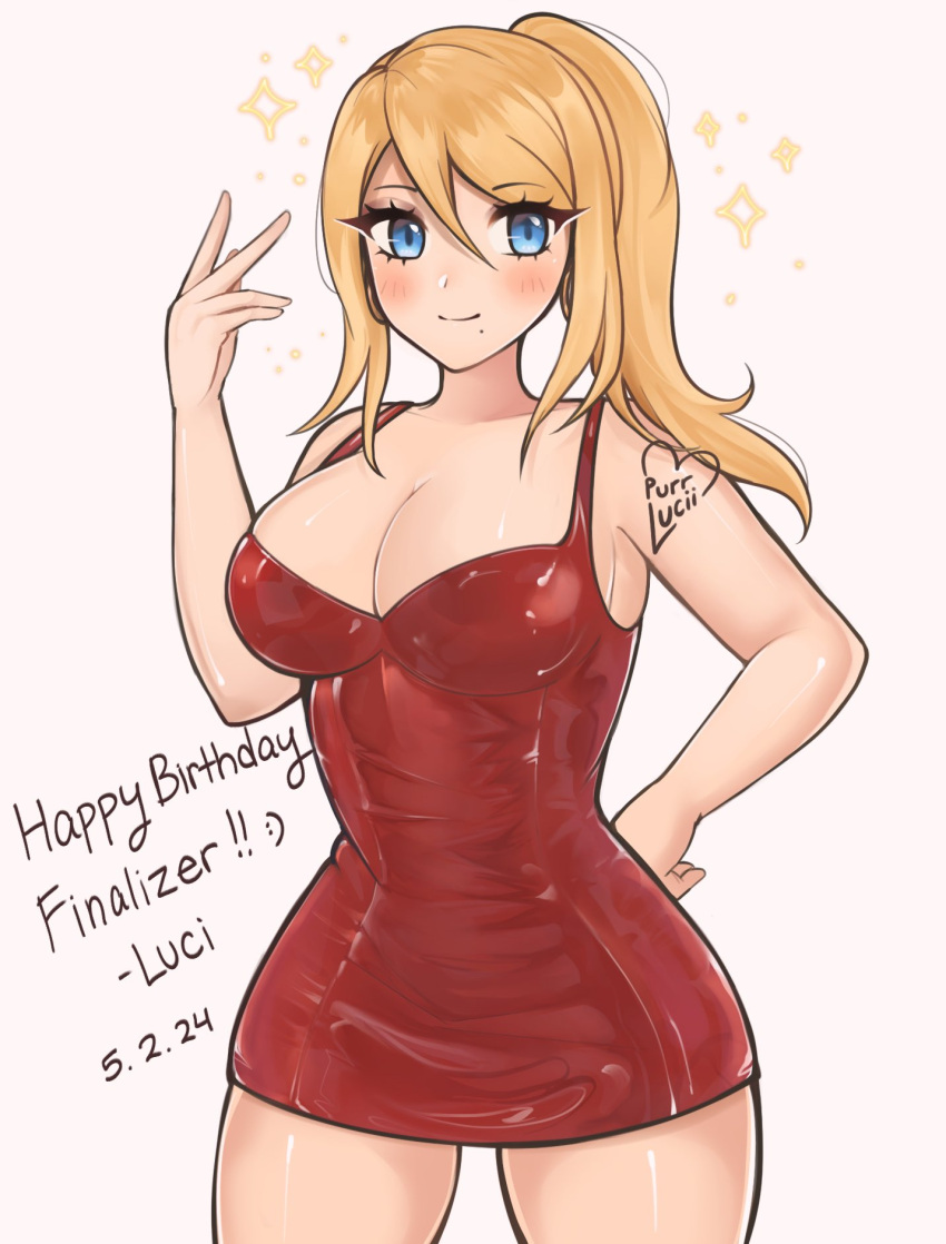 1girl alternate_costume bare_arms bare_shoulders blonde_hair blue_eyes blush breasts cleavage commentary cowboy_shot dated dress hand_up happy_birthday highres large_breasts long_hair looking_at_viewer metroid mole mole_under_mouth pencil_dress ponytail purrlucii red_dress samus_aran sleeveless sleeveless_dress smile solo standing thighs