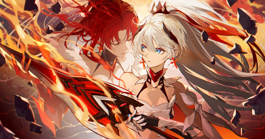 2girls bare_shoulders blue_eyes breasts cleavage closed_eyes cross cross_earrings earrings facing_another fire gauntlets gloves hair_between_eyes hair_ornament high_ponytail holding holding_sword holding_weapon honkai_(series) honkai_impact_3rd jewelry kiana_kaslana kiana_kaslana_(herrscher_of_flamescion) large_breasts latin_cross looking_at_another medium_breasts medium_hair multicolored_hair multiple_girls murata_himeko murata_himeko_(vermillion_knight) parted_lips red_hair satsuya star_(symbol) star_earrings streaked_hair sword upper_body weapon white_hair