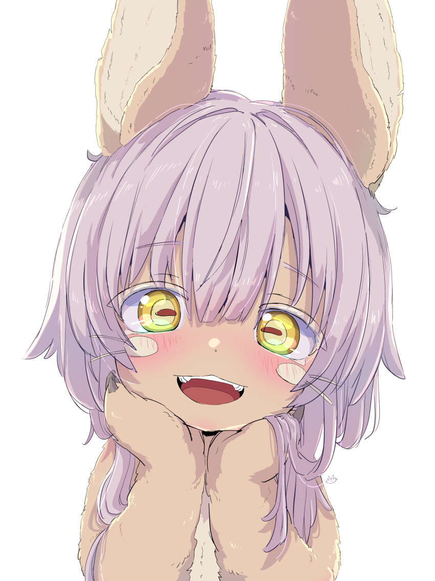 1other absurdres animal_ears blush body_fur brown_fur colored_eyelashes eyelashes furry green_eyes highres horizontal_pupils long_hair looking_at_viewer made_in_abyss nanachi_(made_in_abyss) open_mouth other_focus portrait rabbit_ears sekaineko_001 sharp_teeth simple_background solo teeth upper_teeth_only whiskers white_background white_hair yellow_eyes