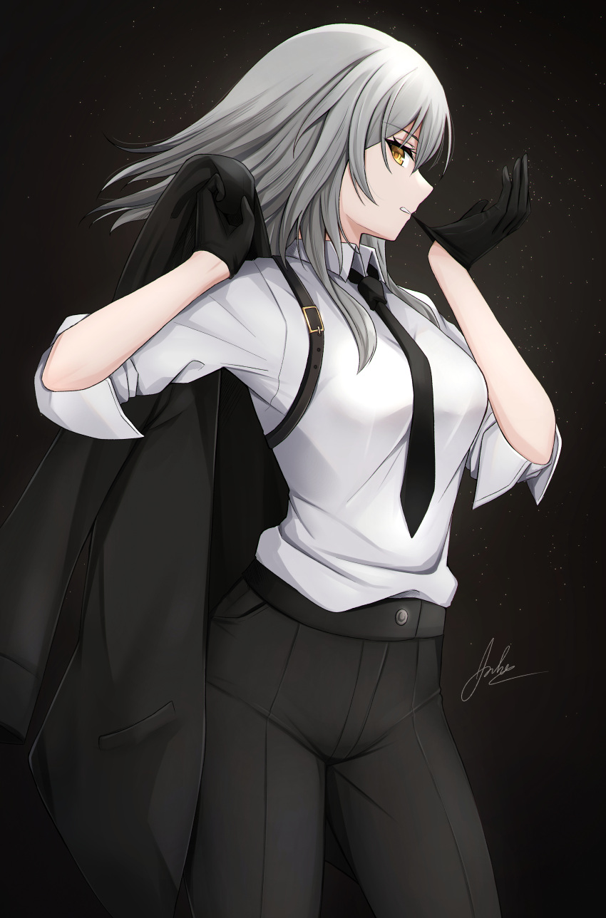 1girl absurdres alternate_costume aoikito_lavender086 biting black_background black_gloves black_jacket black_necktie black_pants breasts buttons commentary cowboy_shot english_commentary glove_biting gloves grey_hair highres holding holding_clothes holding_jacket honkai:_star_rail honkai_(series) jacket long_hair looking_at_viewer medium_breasts necktie pants pocket profile shirt signature sleeves_rolled_up solo stelle_(honkai:_star_rail) trailblazer_(honkai:_star_rail) unworn_jacket white_shirt yellow_eyes