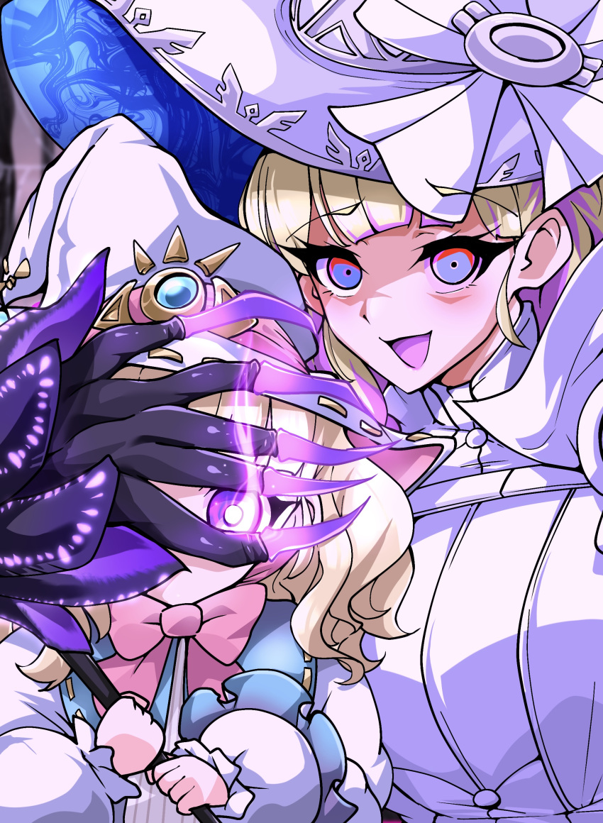 2girls absurdres age_difference blondge_hair blunt_bangs claws covering_another's_eyes diabellze_the_original_sinkeeper dual_persona duel_monster evil_smile fingernails glowing glowing_eyes hat highres jumpsuit long_fingernails looking_at_viewer multiple_girls puffy_sleeves purple_eyes purple_hair risette_of_the_white_woods smile white_jumpsuit witch_hat yu-gi-oh! yurume_ami