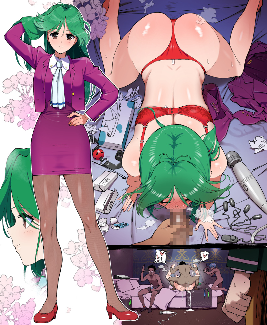 1girl 6+boys absurdres aburisamon all_fours ascot asou_kasumi ass ball_gag bra brown_eyes brown_pantyhose camera censored clenched_hand commentary_request commission condom condom_box cum cum_overflow egg_vibrator fellatio gag gangbang green_hair group_sex hair_lift hand_on_own_hip hetero highres hitachi_magic_wand holding holding_camera jacket long_hair mating_press mosaic_censoring multiple_boys on_bed oral panties pantyhose penis pink_jacket pink_shirt pink_skirt rape recording red_bra red_footwear red_panties sex sex_toy shirt skeb_commission skirt tissue_box tokimeki_memorial tokimeki_memorial_2 too_many too_many_sex_toys underwear used_condom used_tissue vibrator waving white_ascot