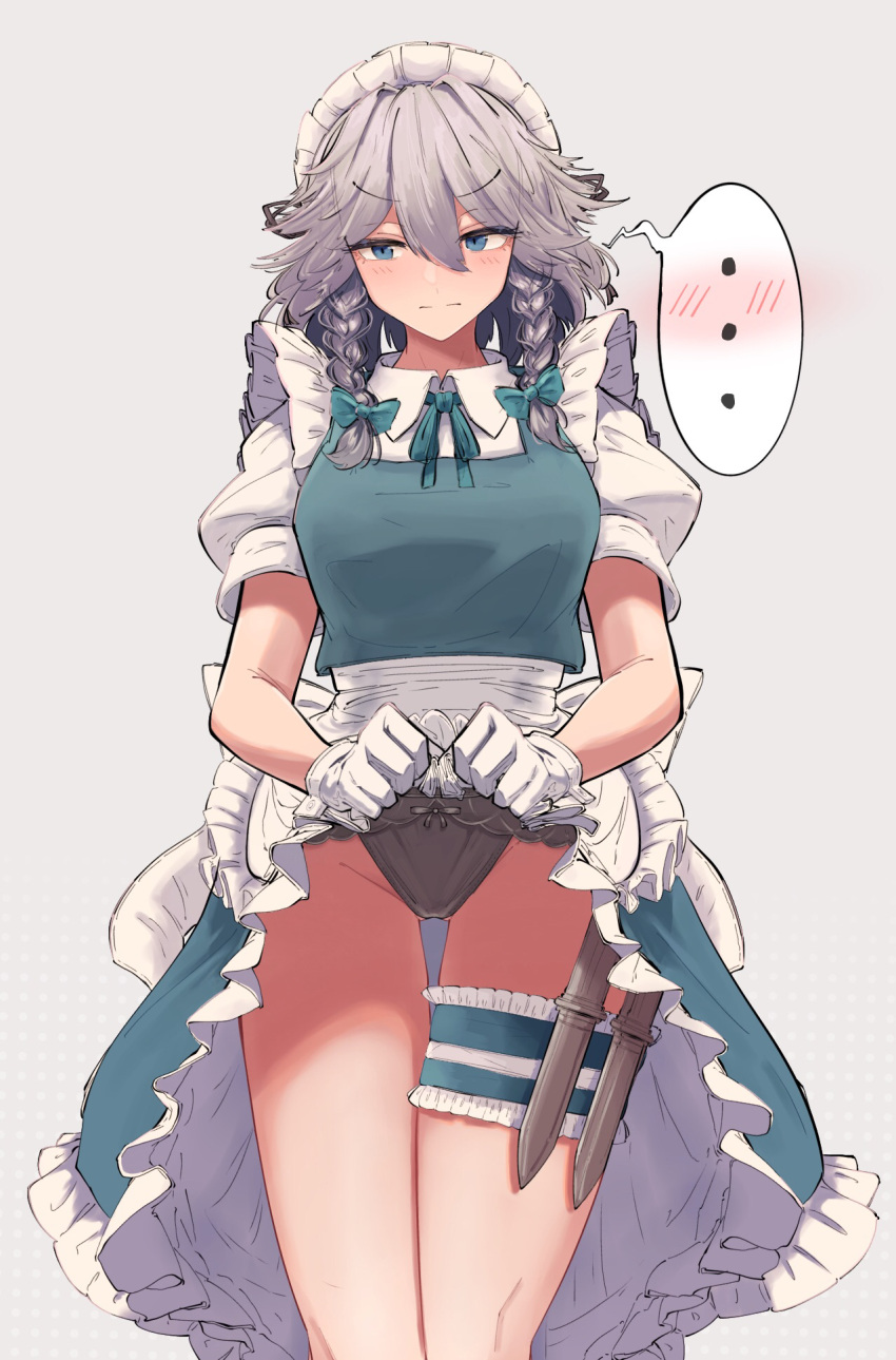 ... 1girl apron back_bow black_panties blue_bow blue_bowtie blue_eyes blue_skirt blue_vest blush bow bowtie braid breasts closed_mouth clothes_lift collared_shirt commentary_request cowboy_shot frown gloves grey_background grey_hair hair_between_eyes hair_bow highres holster izayoi_sakuya knife lifted_by_self long_bangs looking_at_viewer maid maid_headdress medium_breasts medium_hair odoro_(nicoseiga81184094) panties puffy_short_sleeves puffy_sleeves shirt short_sleeves simple_background skirt skirt_lift solo spoken_blush spoken_ellipsis thigh_holster touhou twin_braids underwear v-shaped_eyebrows vest waist_apron white_apron white_bow white_gloves white_shirt