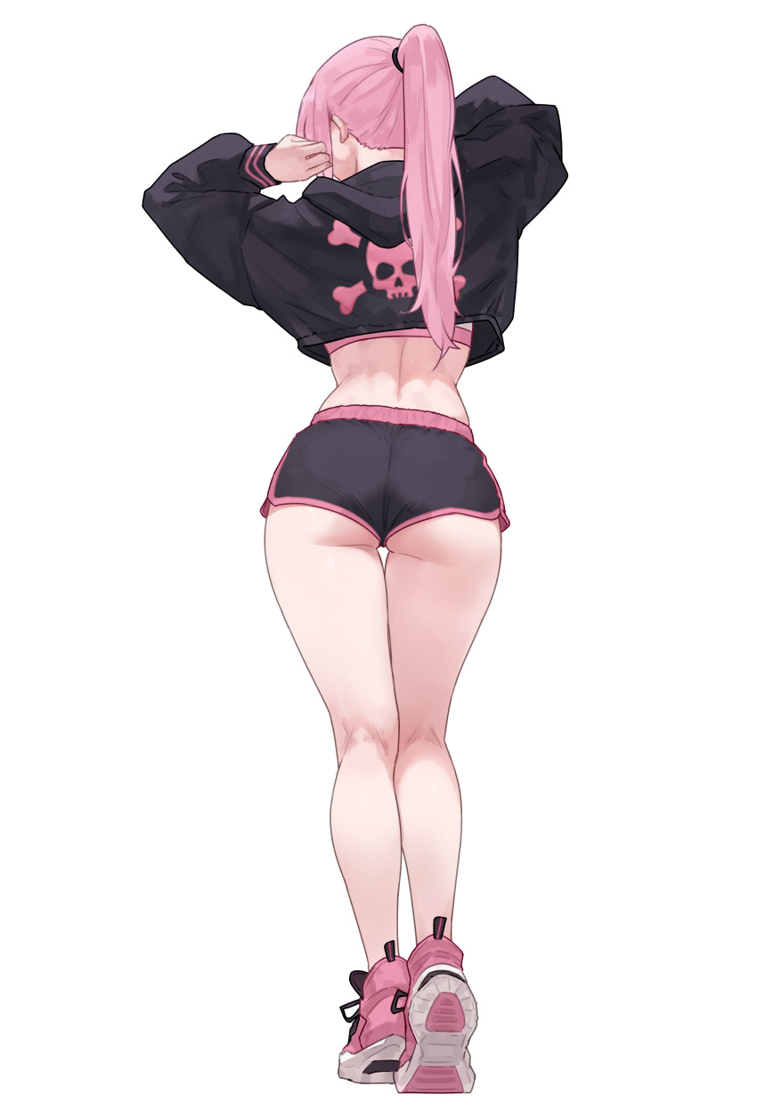 1girl absurdres ass back bluefield breasts facing_away highres hololive hololive_english long_hair mori_calliope pink_hair ponytail short_shorts shorts simple_background skull_and_crossbones solo underbutt virtual_youtuber white_background