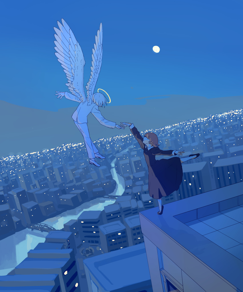 1boy 1girl absurdres angel angel_wings avogado6 ballet ballet_slippers beckoning black_dress blue_sky bridge brown_hair building city city_lights cityscape collared_dress colored_skin commentary_request covered_eyes dress dutch_angle en_pointe facing_away feathered_wings flying gibbous_moon hair_over_eyes halo highres horizon jacket long_sleeves moon night on_rooftop original outdoors outstretched_hand outstretched_leg pants river sky skyscraper suicide suit white_footwear white_hair white_jacket white_pants white_skin white_suit wide_shot wings