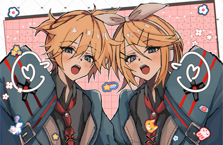 1boy 1girl belt_buckle black_shirt blue_eyes blue_jacket blush bow brother_and_sister buckle collared_shirt grid_background hair_between_eyes hair_bow hand_up heart highres hpen0909 jacket kagamine_len kagamine_rin long_sleeves looking_at_viewer medium_hair necktie open_clothes open_jacket open_mouth outline pink_background ponytail rainbow_sticker red_necktie shirt short_hair short_ponytail siblings sleeves_past_fingers sleeves_past_wrists star_sticker teeth upper_body upper_teeth_only vocaloid white_bow white_headphones white_outline