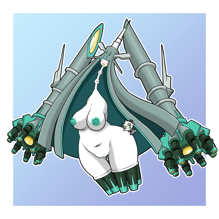 1:1 ambiguous_gender anthro areola big_breasts black_body black_fur blue_background blush blush_lines breasts celesteela disembodied_hand duo eyes_closed female floating_hands fur generation_6_pokemon generation_7_pokemon genitals green_areola green_hair green_nipples hair hair_over_eyes hi_res hip_grab huge_breasts humanoid larger_female long_hair long_neck nazca_(artist) nintendo nipples nude open_mouth pancham pokemon pokemon_(species) pussy simple_background size_difference smile thick_thighs thin_neck ultra_beast white_background white_body white_fur wide_hips