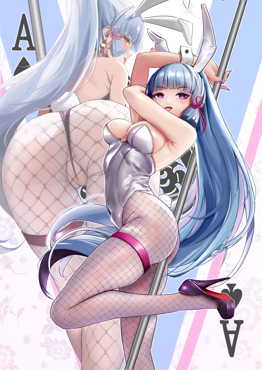 1girl absurdres ace_(playing_card) ace_of_spades alternate_costume alternate_eye_color animal_ears black_leotard blue_eyes blue_hair blunt_bangs bow breasts card corruption fake_animal_ears fake_tail fishnet_pantyhose fishnets genshin_impact hair_ribbon high_heels highleg highleg_leotard highres hypnosis kamisato_ayaka leotard long_hair looking_at_viewer mind_control multiple_views pantyhose perianist playboy_bunny playing_card pole_dancing ponytail rabbit_ears rabbit_tail ribbon smile solo spade_(shape) strapless strapless_leotard tail tongue tongue_out wedgie wrist_cuffs