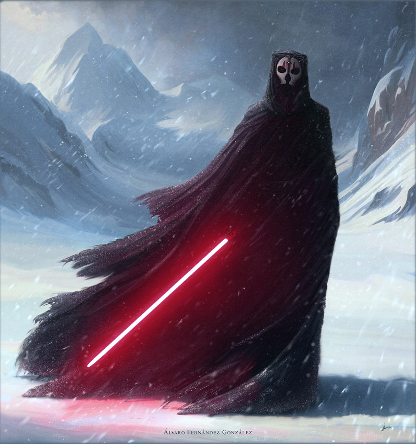 1boy alvaro_fernandez_gonzalez artist_name black_robe darth_nihilus energy_sword highres holding_lightsaber hooded_robe lightsaber looking_at_viewer mask mountainous_horizon outdoors red_lightsaber robe sith snowing solo star_wars star_wars:_knights_of_the_old_republic sword weapon