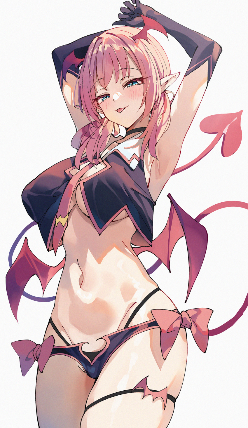 1girl :p arm_up armpits black_choker black_gloves blue_eyes blush breasts choker commentary_request demon_girl demon_tail demon_wings gloves grey_background head_wings highres looking_at_viewer low_wings medium_breasts navel original pointy_ears raphilia_meredith red_wings simple_background solo standing stomach tail thigh_strap thighs tongue tongue_out unacchi_(nyusankin) underboob wings