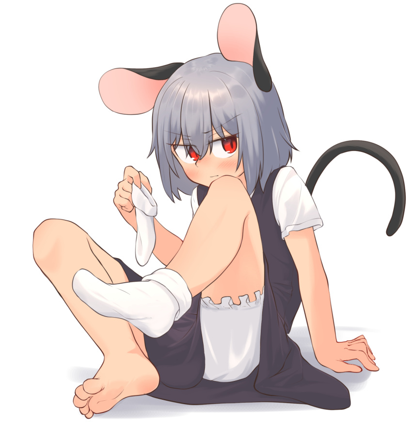 1girl animal_ears barefoot bloomers blush closed_mouth commentary_request dress eyes_visible_through_hair feet full_body greenpiecerice grey_dress grey_hair hair_between_eyes highres holding_sock looking_at_viewer medium_bangs mouse_ears mouse_girl mouse_tail nazrin pinafore_dress red_eyes shirt short_hair simple_background single_sock_removed sitting sleeveless sleeveless_dress socks solo tail toes touhou v-shaped_eyebrows white_background white_bloomers white_shirt