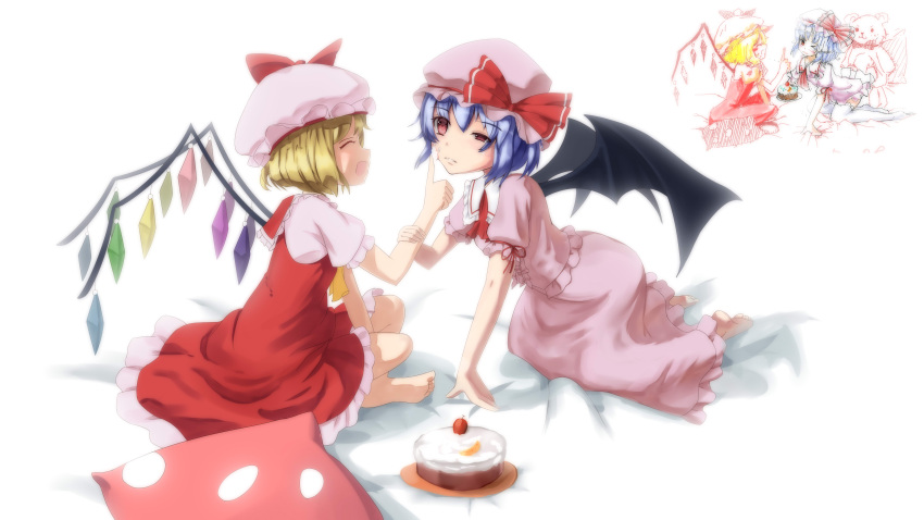 2girls absurdres aduo_(xiaoduoxk) bat_wings blonde_hair blue_hair crystal_wings dress flandre_scarlet full_body hat hat_ribbon highres mob_cap multiple_girls on_bed pink_dress puffy_short_sleeves puffy_sleeves red_dress red_ribbon remilia_scarlet ribbon short_sleeves siblings simple_background touhou twins white_background wings