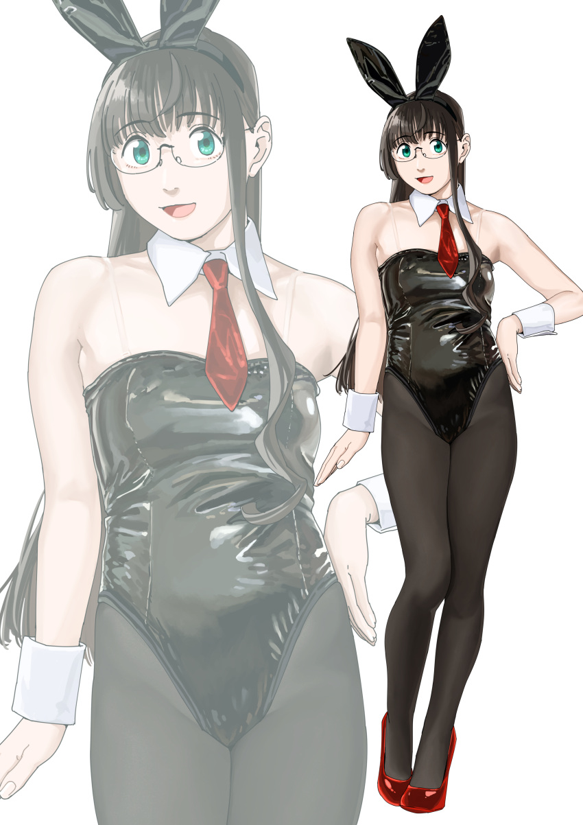 1girl absurdres alternate_costume animal_ears black_footwear black_hair black_leotard black_pantyhose detached_collar fake_animal_ears fine_fabric_emphasis flat_chest full_body glasses green_eyes high_heels highres kantai_collection legs leotard long_hair looking_at_viewer multiple_views necktie ojipon ooyodo_(kancolle) open_mouth pantyhose playboy_bunny rabbit_ears red_necktie see-through semi-rimless_eyewear simple_background smile solo standing strap strapless strapless_leotard under-rim_eyewear white_background wrist_cuffs zoom_layer