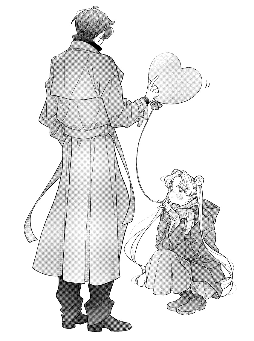 1boy 1girl absurdres balloon bishoujo_senshi_sailor_moon blush chiba_mamoru coat double_bun facing_another full_body greyscale hair_bun heart_balloon highres holding holding_balloon long_coat long_hair long_skirt looking_at_another monochrome neginoaoitokoro own_hands_together pants parted_bangs scarf short_hair skirt sleeves_past_wrists squatting standing trench_coat tsukino_usagi twintails white_background