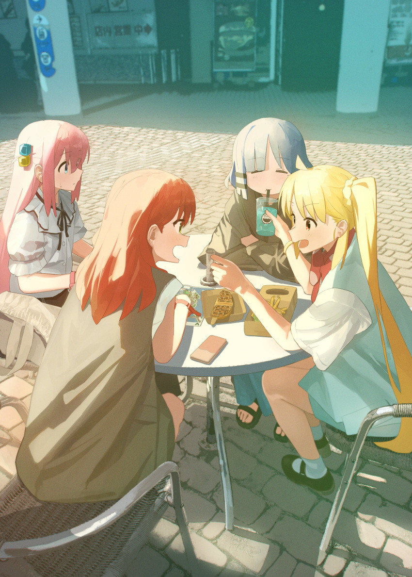 4girls absurdres ahoge alternate_costume band blonde_hair blue_eyes blue_hair blue_socks bocchi_the_rock! bow cable_tie cable_tie_around_wrist cellphone chair closed_eyes cube_hair_ornament cup drink drinking drinking_straw drinking_straw_in_mouth food food_theft gotoh_hitori green_eyes hair_ornament hairclip highres holding holding_drink holding_food ijichi_nijika kessoku_band kita_ikuyo long_hair map mole mole_under_eye multiple_girls on_chair open_mouth phone pink_hair polka_dot polka_dot_bow ponytail red_eyes red_hair shirasuke_0822 shirt side_ahoge side_ponytail sitting socks sweat white_shirt yamada_ryo