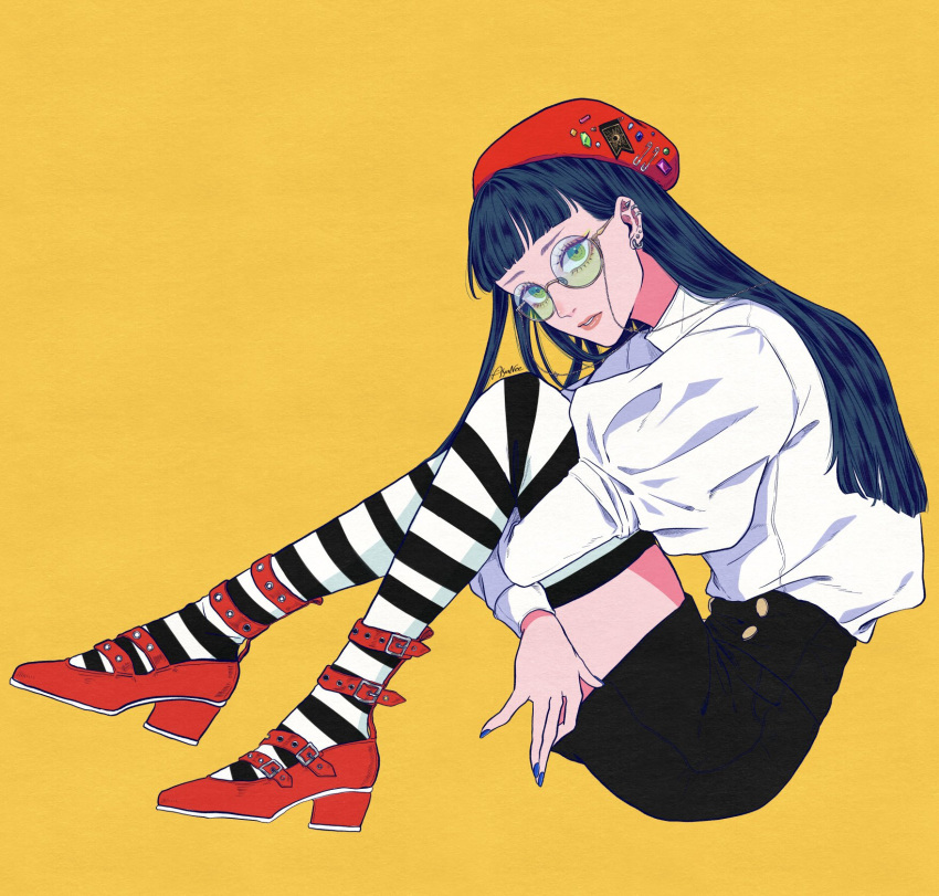 1girl 4awaseyo beret black_hair black_skirt black_thighhighs blue_nails commentary ear_piercing eyelashes fashion from_side full_body glasses hat high-waist_skirt high_heels highres horizontal-striped_thighhighs hugging_own_legs long_hair looking_afar orange_background original parted_lips piercing puffy_sleeves red_footwear red_hat round_eyewear shirt simple_background sitting skirt solo thighhighs tinted_eyewear two-tone_thighhighs white_shirt white_thighhighs