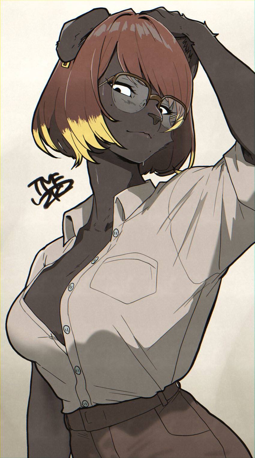 absurd_res anthro big_breasts black_body black_fur blonde_highlights breasts brown_hair canid canine canis clothed clothing ear_piercing ear_ring eyewear female fingers fur glasses hair hi_res highlights_(coloring) mammal piercing rectangular_glasses ring_piercing simple_background solo tomotiso2k topwear