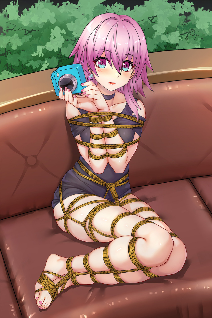 1girl bdsm blue_eyes bondage bound bound_arms bound_legs camera choker couch earrings haimei1980 highres holding holding_camera honkai:_star_rail honkai_(series) jewelry looking_at_viewer march_7th_(honkai:_star_rail) medium_hair nail_polish pink_eyes pink_hair rope shibari shibari_over_clothes skindentation smile solo two-tone_eyes