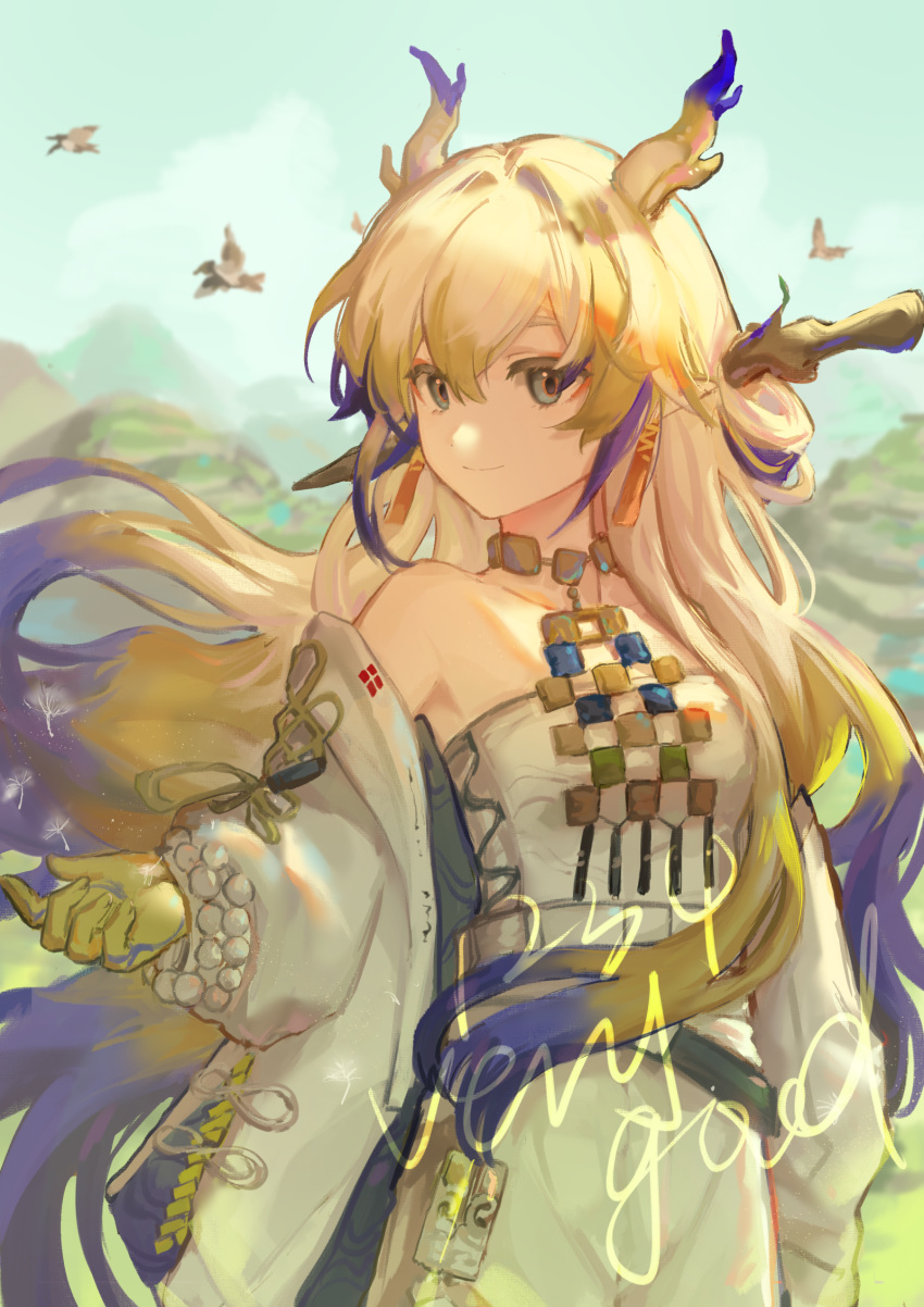 1girl animal arknights bare_shoulders bird blonde_hair chinese_commentary closed_mouth commentary_request cowboy_shot dragon_girl dragon_horns earrings grey_eyes hair_between_eyes highres horns jacket jewelry long_hair long_sleeves looking_at_viewer multicolored_hair necklace off_shoulder open_clothes open_jacket outdoors pants pointy_ears purple_hair shu_(arknights) smile solo sparklings_(1234_hen_hao_chi) standing strapless tube_top watermark white_hair white_jacket white_pants white_tube_top