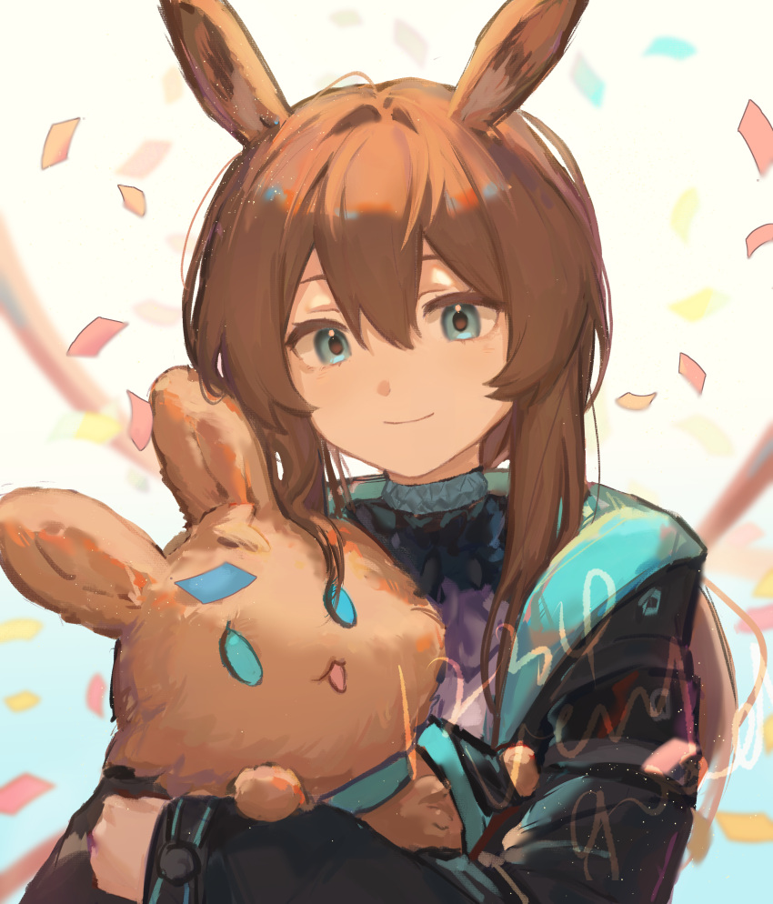 1girl absurdres amiya_(arknights) animal_ears aqua_eyes aqua_jacket arknights black_jacket brown_hair chinese_commentary closed_mouth commentary_request confetti hair_between_eyes highres holding holding_stuffed_toy hugging_object jacket long_hair long_sleeves looking_at_viewer rabbit_ears rabbit_girl sidelocks smile solo sparklings_(1234_hen_hao_chi) stuffed_animal stuffed_rabbit stuffed_toy two-sided_fabric two-sided_jacket upper_body watermark