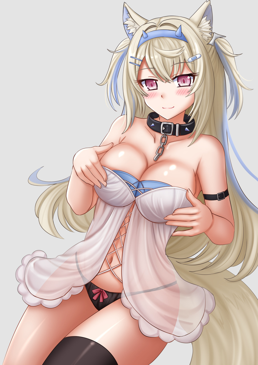 1girl animal_ears arm_strap black_panties blonde_hair blue_hair blue_hairband blush breasts closed_mouth collar dog_ears dog_girl dog_tail fuwawa_abyssgard hairband highres hololive hololive_english kazenokaze large_breasts lingerie looking_at_viewer multicolored_hair navel negligee panties pink_eyes simple_background single_thighhigh smile solo spiked_collar spikes streaked_hair tail thighhighs underwear virtual_youtuber