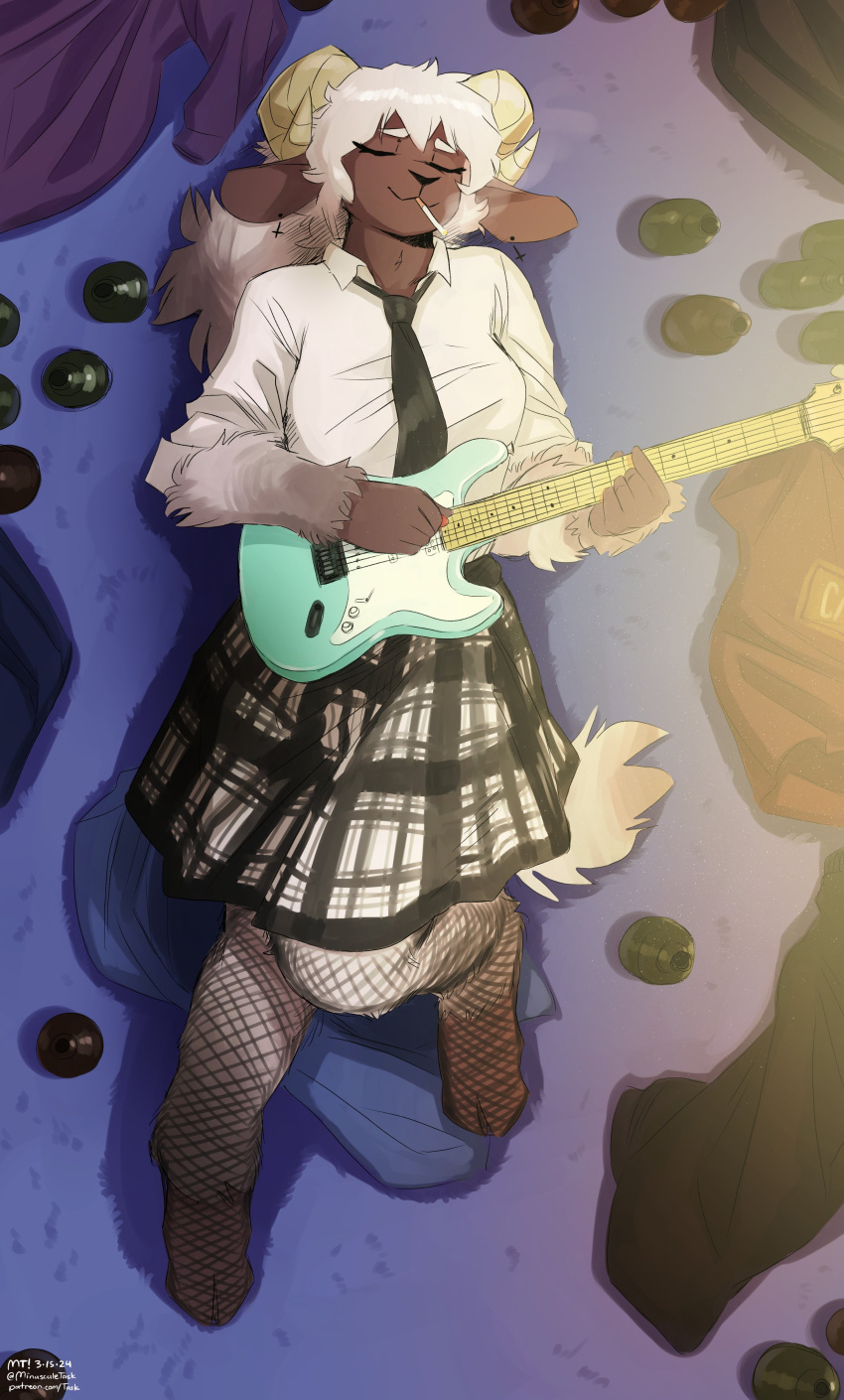 absurd_res anthro bottomwear bovid breasts caprine cigarette cigarette_in_mouth clothed clothing cloven_hooves curved_horn domestic_sheep dress_shirt electric_guitar eyes_closed female fishnet_clothing fishnet_leggings fishnet_legwear fully_clothed fur guitar hair hi_res hooves horn leggings legwear lying mammal musical_instrument necktie object_in_mouth on_back playing_guitar playing_music plucked_string_instrument sheep shirt skirt smile smoking smoking_cigarette solo string_instrument the-minuscule-task topwear white_hair wool_(fur)