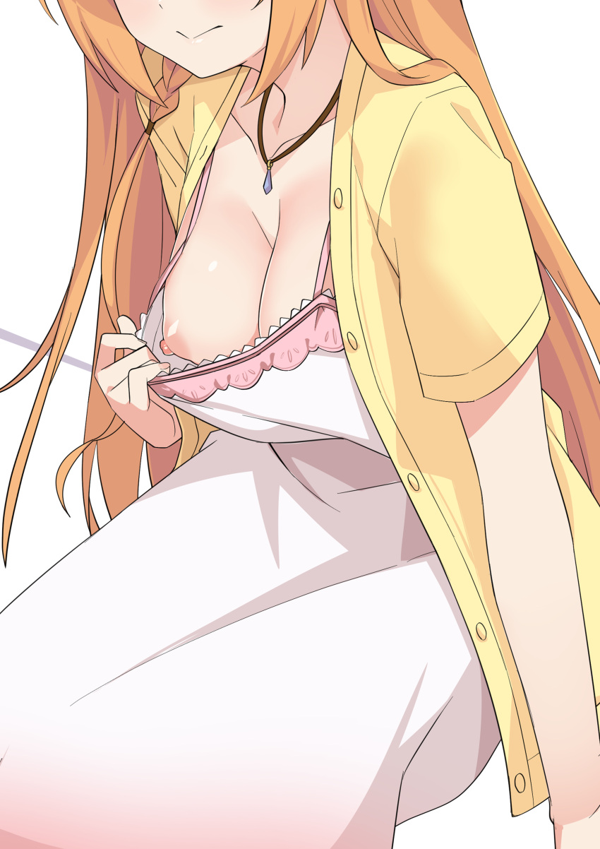 1girl absurdres breasts collarbone commentary_request dress highres jewelry long_hair medium_breasts morisobo necklace nipples one_breast_out open_clothes open_shirt orange_hair pecorine_(princess_connect!) princess_connect! shirt short_sleeves simple_background sitting solo white_background yellow_shirt